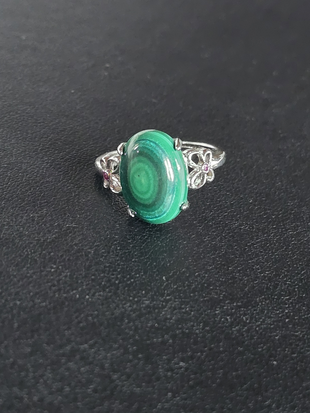 Green Malachite Oval Stone Flower Accent Sterling Ring